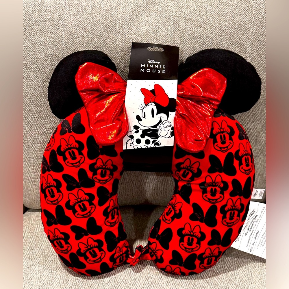 New Disney Minnie Mouse Neck Pillow with Red Bow and buttoned snap